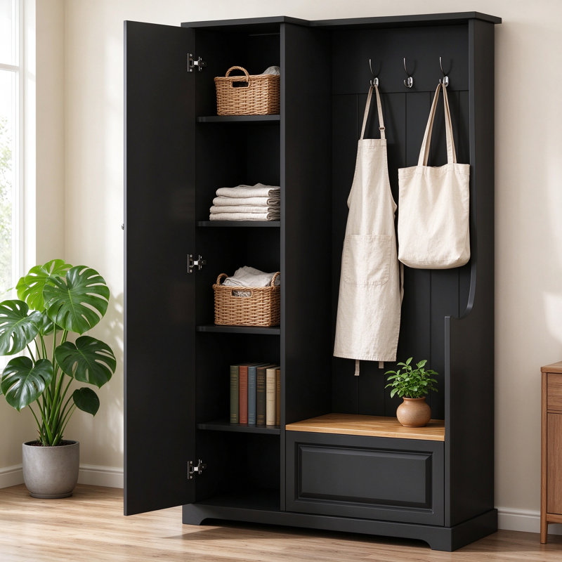 Meuble d'entrée avec banc rabattable, meuble à chaussures minimaliste avec étagères réglables et crochets de suspension, pour entrée ou vestiaire, noir
