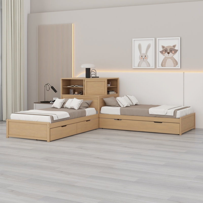 L-Shaped Combination Bed With Trundle And Drawer,3-In-1 Low Corner Platform Bed Linked, Natural