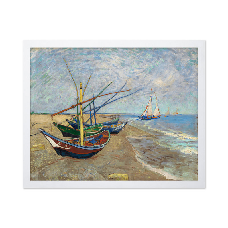 Van Gogh - Bateaux sur la plage des Saintes Maries, Affiche, H 24 po x l 32 po, Encadrement blanc