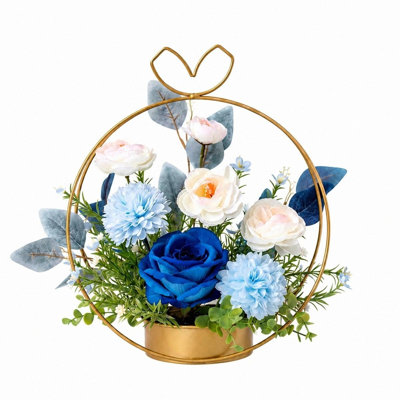 12.99 Inch Artificial Flower Arrangement with Heart Handle Golden Metal Basket for Table Wedding Party Home Decor