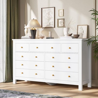 9-Drawer White Dresser, Wide Wooden Storage Chest with Solid Wood Knobs, Curved Edges & Thickened Frame, Modern Large Capacity Cabinet Used as Bedroom Dresser & TV Console for Living Room