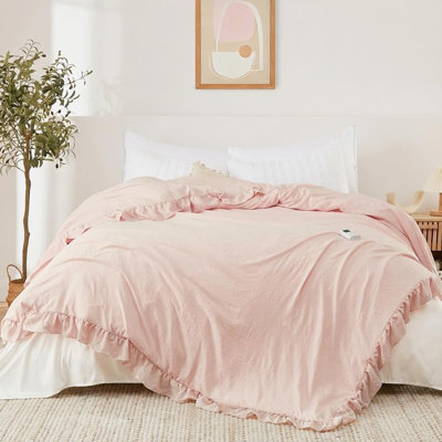 Heated Comforter Blanket, Electric Quilt with Ruffle Design, Wireless LCD Controller, Fast Heating and Overheat Protection, Machine Washable, Bedroom, King 90"x90", Pink