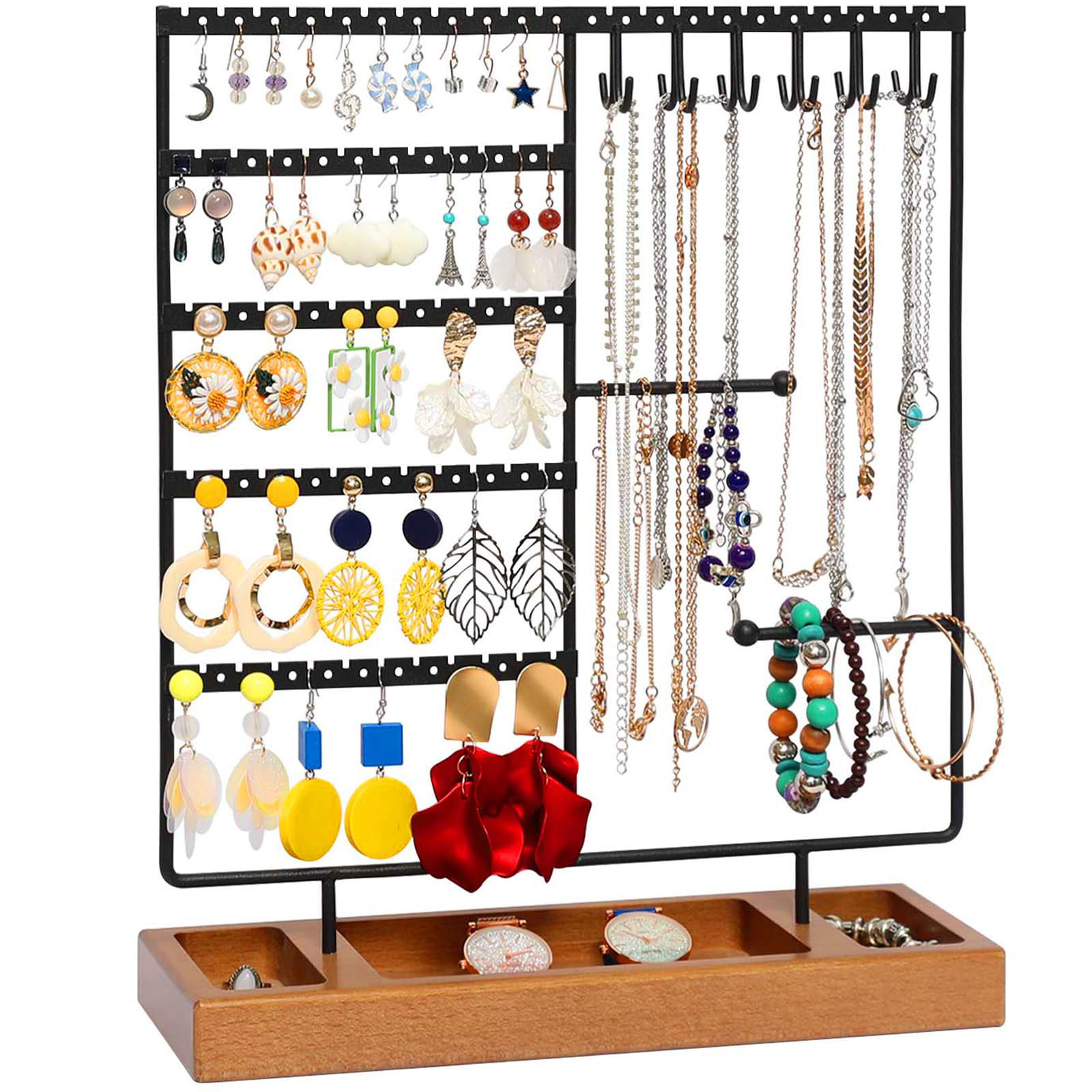 Jewelry Organizer Stand With Bamboo Base, Metal Rotating Earring Holder Organizer, Multi-Functional Adjustable Necklace Rack Holder Bracelet Watch Holder For Jewelry Earrings Ring