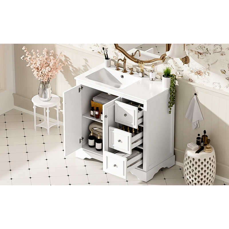 36-inch Bathroom Vanity With Ceramic Sink, Solid Wood Construction, And Soft-close Hinges 36'' Transitional Featuring 3 Drawers, Adjustable Shelf, Function