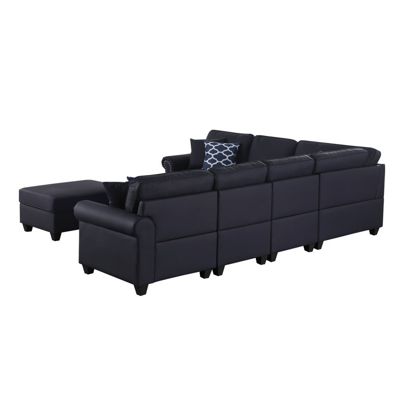 Bozhanka Artificial Leather Modular Sectional With Ottoman, Black Faux Leather