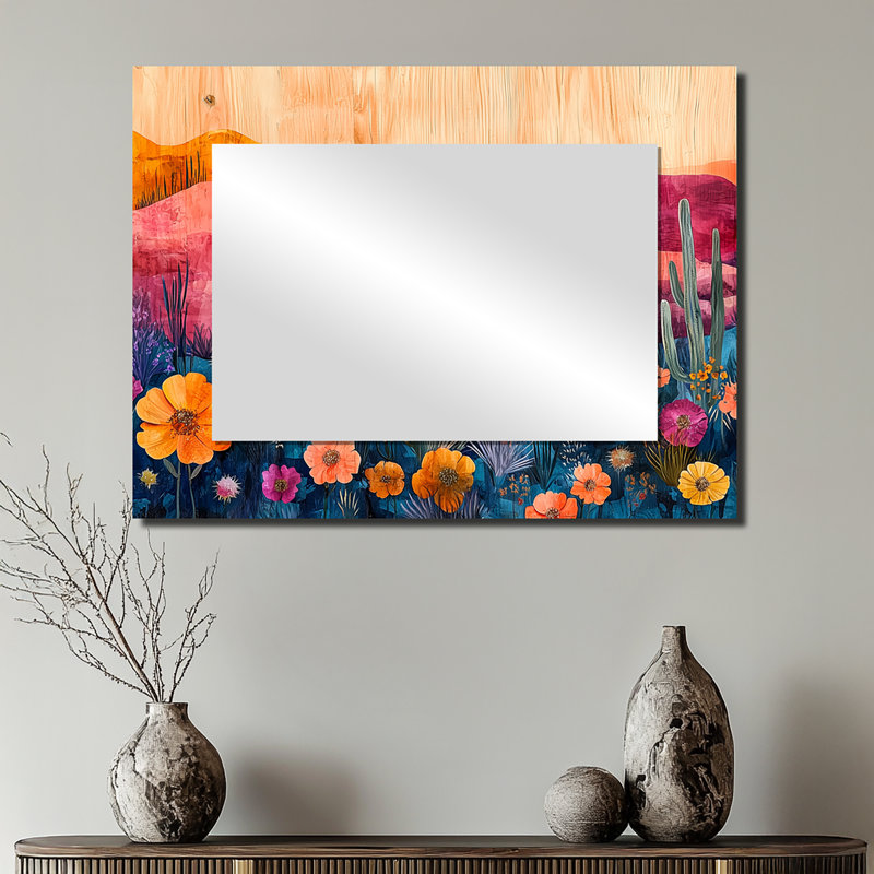 Fleurs sauvages et jardin de cactus au désert II - Miroir floral pour décoration murale - imprimé sur métal, 24 po x 32 po