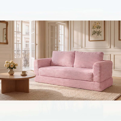 59 Inch Convertible Futon Sofa Bed, Folding Boneless Couch with Deep Seat and Cloud Corduroy Mattress for Living Room, Pink
