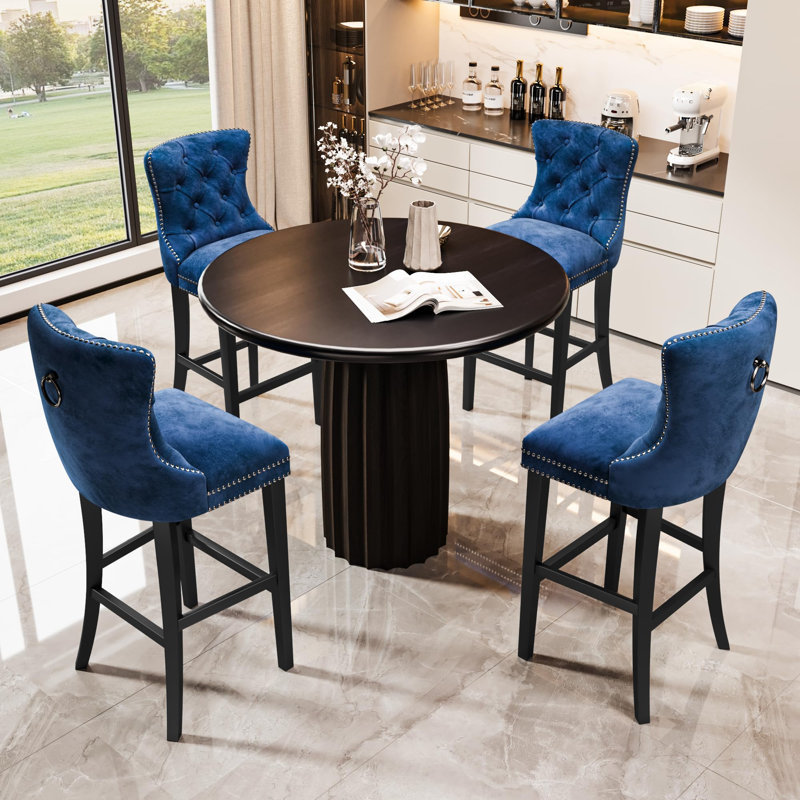 Vintage Velvet Bar Stools Set of 2, Blue, Black