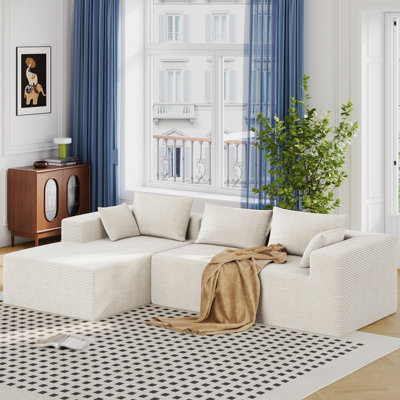 111" Cloud Sectional Couch With Corduroy Upholstered Chaise Lounge - No Assembly Required, Deep Seat Could Plush Boneless Sofa With 3 Back Pillows And by George Oliver