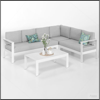 4-Piece Modern Aluminum Sectional Patio Conversation Set,  7-Seat Outdoor Sofa with  Thick light Gray Cushions & White Frame and Coffee Table
