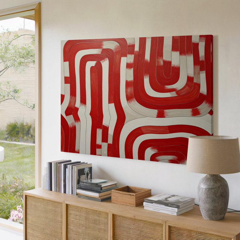 Art mural sur toile, labyrinthe en boucle rouge, toile abstraite avec lignes rouges dynamiques, prêt à accrocher