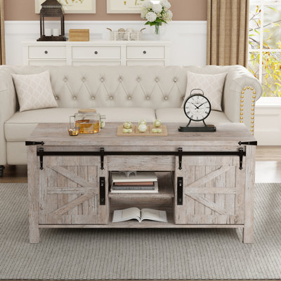 48"W Farmhouse Lift Top Storage Coffee Table with Sliding Barn Door & Adjustable Shelf