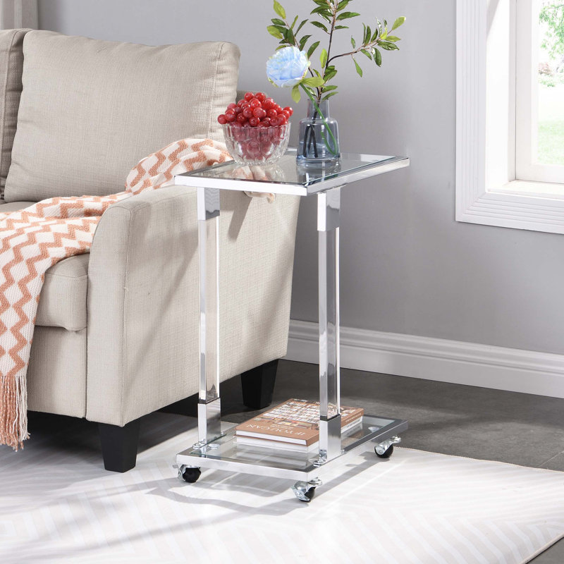 Chrome Glass Side Table,Acrylic End Table,Glass Top C Shape Square Table with Metal Base for Living Room,Bedroom,Balcony Home and Office
