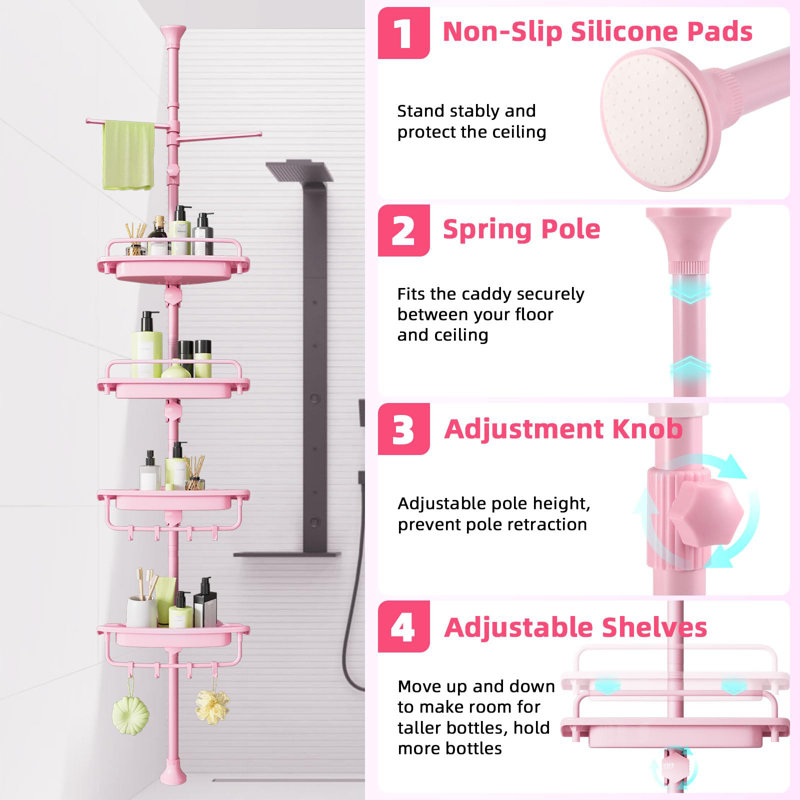  Adjustable Pink Shower Caddy - Rust-Resistant, Portable 4-Shelf Corner Organizer For Showers And Bathrooms