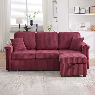 Canapé modulaire en L avec rangement escamotable, repose-pieds et coussins à 3 places avec chargement USB, porte-gobelet, conception convertible pour salon, appartement, tissu en velours côtelé