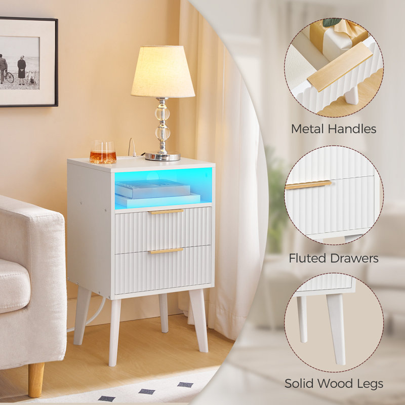 Modern Fluted 2 - Drawer Nightstand with Charging Station, Bedside Table with Open Shelf, White