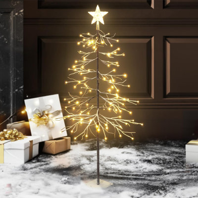 4FT Artificial Bare Branch Christmas Tree w/ 112 LED Lights, Star Tree Top, 48 Inch Twinkling Lighted Flocked Tree