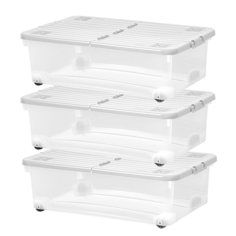 Wham 32L Plastic Storage Box with Wheels and Folding Lid Pack of 3 Clear/Cool Grey