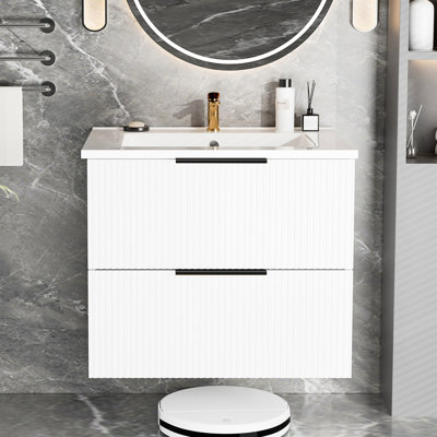 Meuble-lavabo flottant mural 24 po avec évier en céramique et deux tiroirs, grand rangement, évier d'armoire, premier tiroir en forme de U, fermeture en douceur