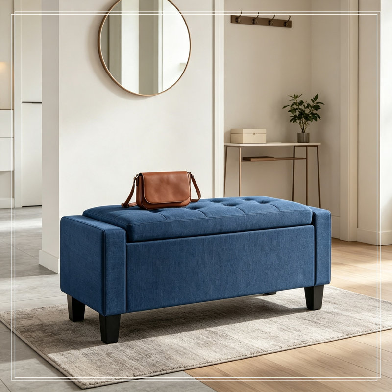 Rangement capitonné Lakehurst avec pieds en bois, Bleu