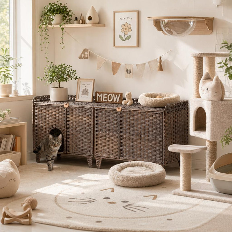 Meuble pour litière en rotin caché à la main avec porte / tapis, Brun