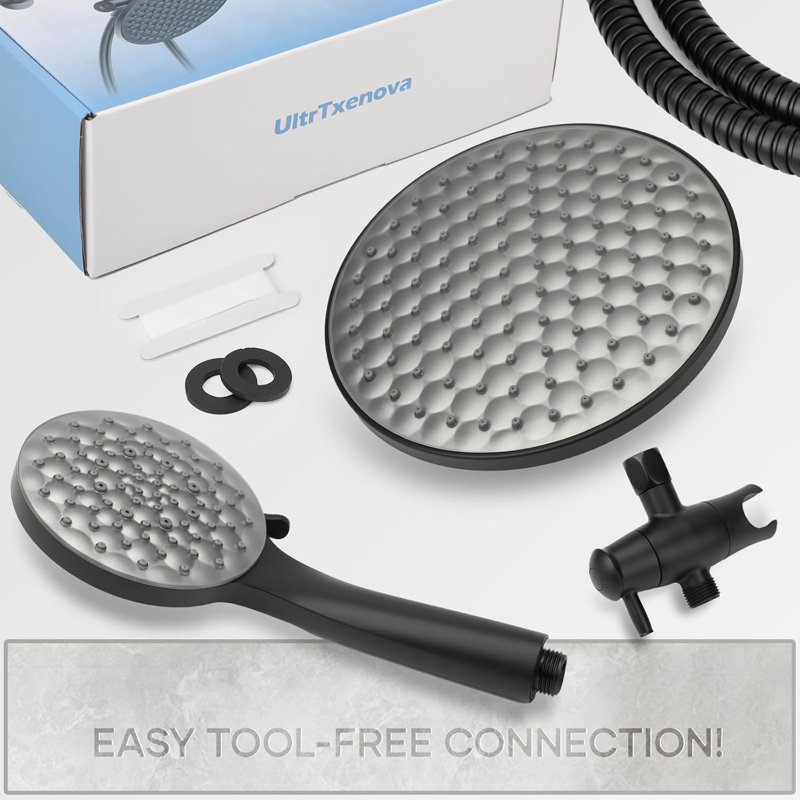 Dual Shower Head With Handheld Combo,8.6 Inch Rainfall Showerhead,6 Settings Hand Held Shower Heads With Hose (Matte Black)
