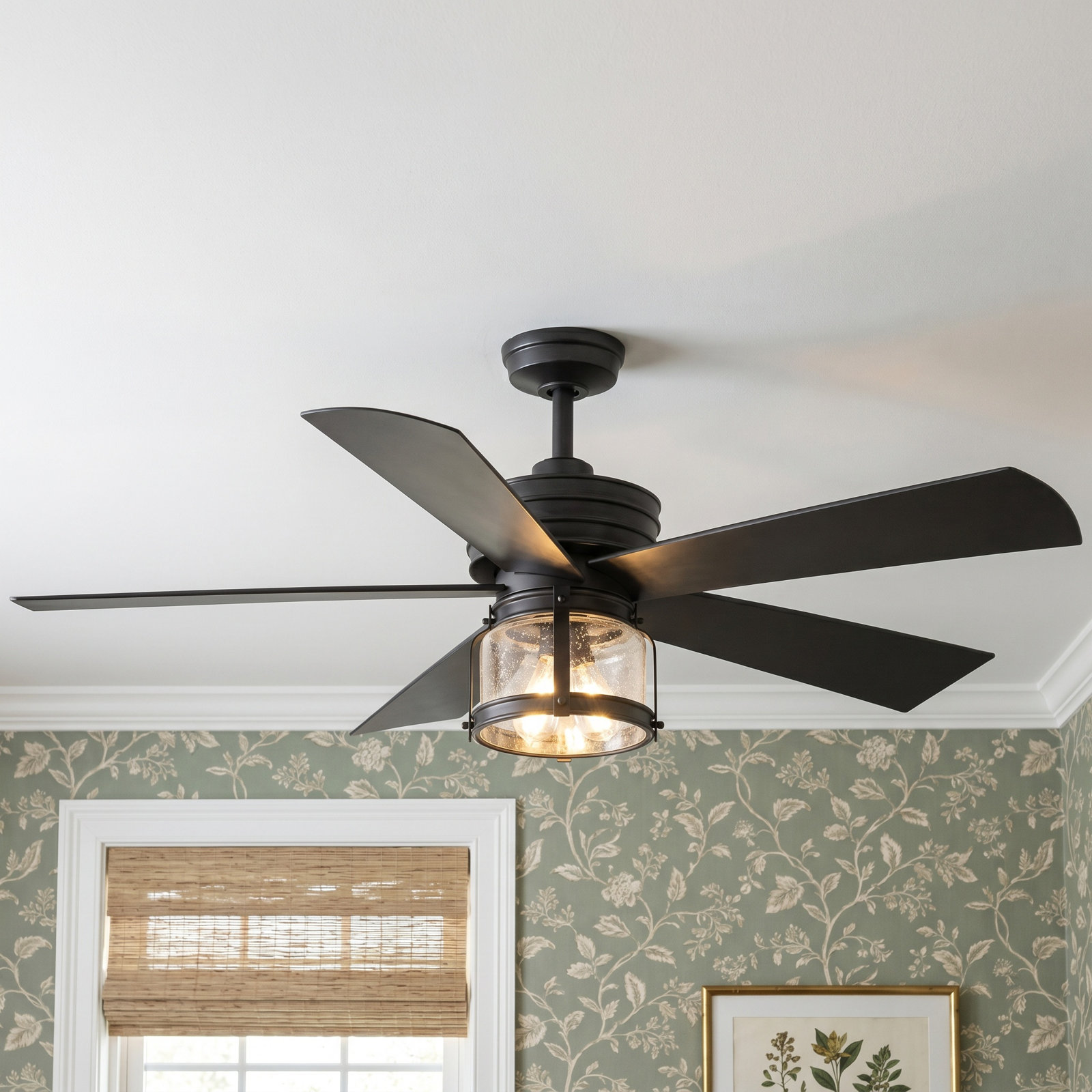 56'' 5 Blade Ceiling Fan with Light Kit, Blistered Iron