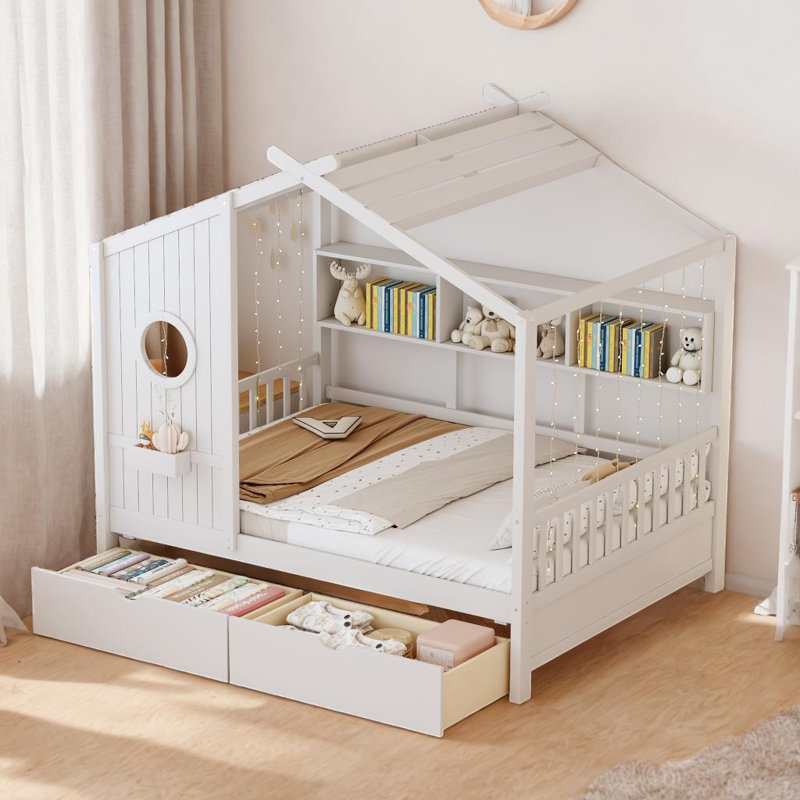 Lit pour enfants avec 2 tiroirs et tablette de rangement, Lit double