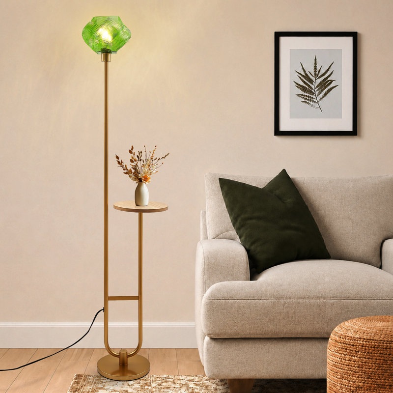 Lampe sur pied moderne avec tablette en bois intégrée, abat-jour en verre décoratif, finition laiton, 1 ampoule DEL incluse