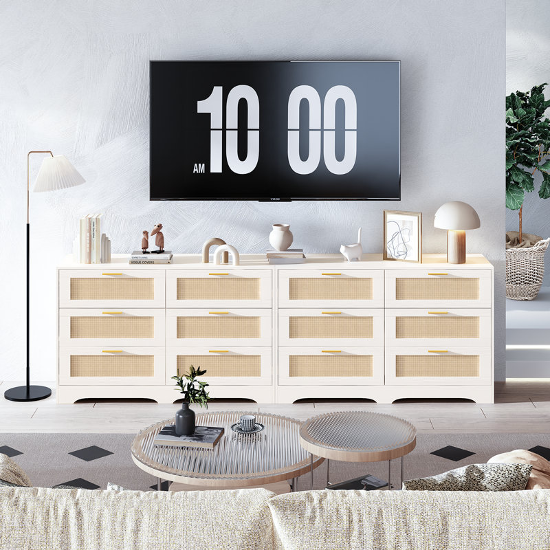 Commode en rotin de 47 po avec 6 tiroirs, commode en rotin avec poignées dorées et commode double de 30 po Nakeesha, Blanc