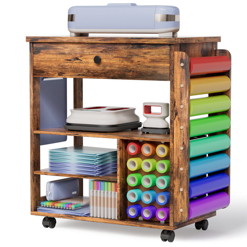 Craft Table Craft Cart Cricut Machine Crafting Cabinet Table for Craft Room, Brown/Black