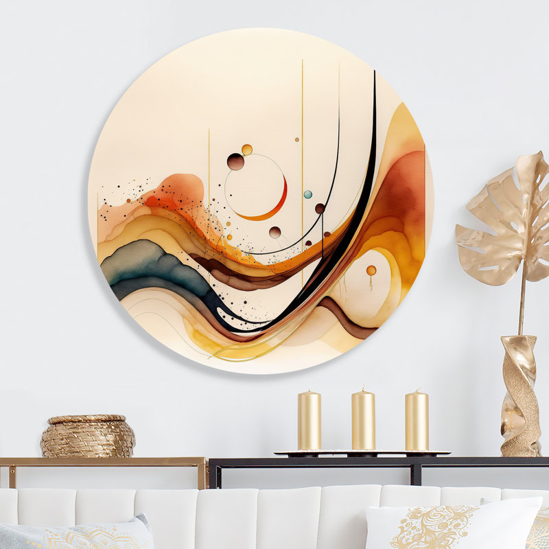 Burnt Orange Waves Abstract V - Abstract Minimalism Round Wall Art on Metal, 36" W x 36" H