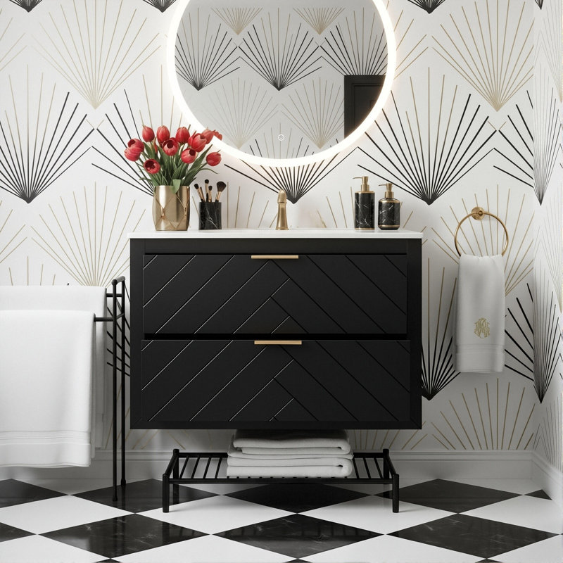 Meuble-lavabo flottant mural moderne de 30 po avec lavabo en céramique, 2 tiroirs à fermeture en douceur avec texture à chevrons (noyer / noir)