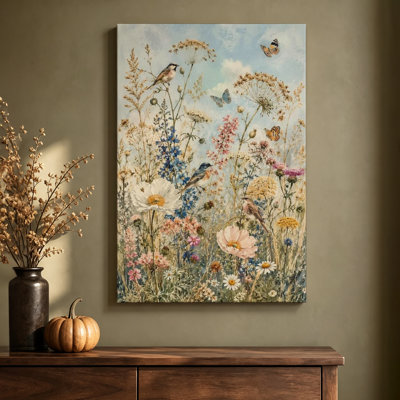 Wildflower Meadow with Birds Oil Painting Print Wrapped Canvas Wall Art, 24 x 36 Inches, Ready to Hang