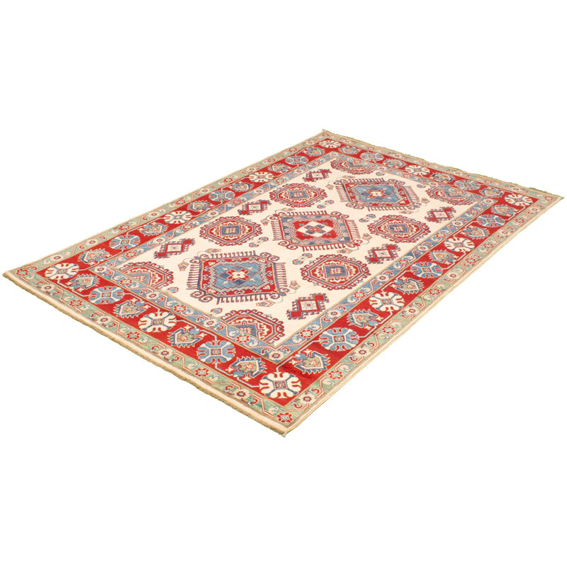 Tapis unique en laine noué à la main de style Gazni beige et rouge des années 2010 de 6 pi 9 po x 10 pi 3 po Qaiden