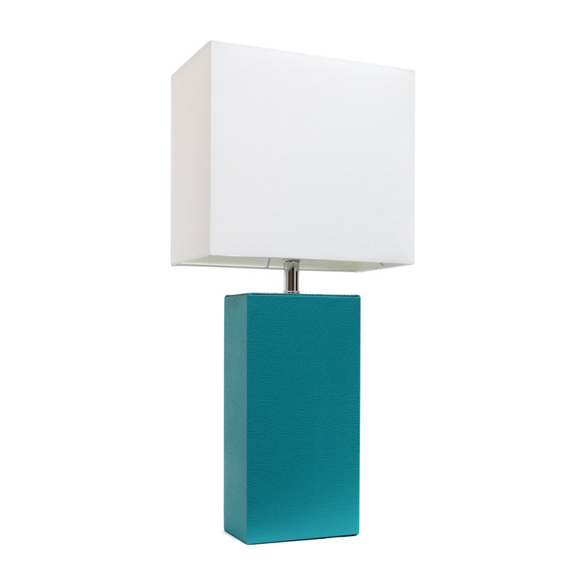 Lampe de table en cuir 21 po avec abat-jour rectangulaire en lin blanc, Bleu sarcelle, Oui, Transparent