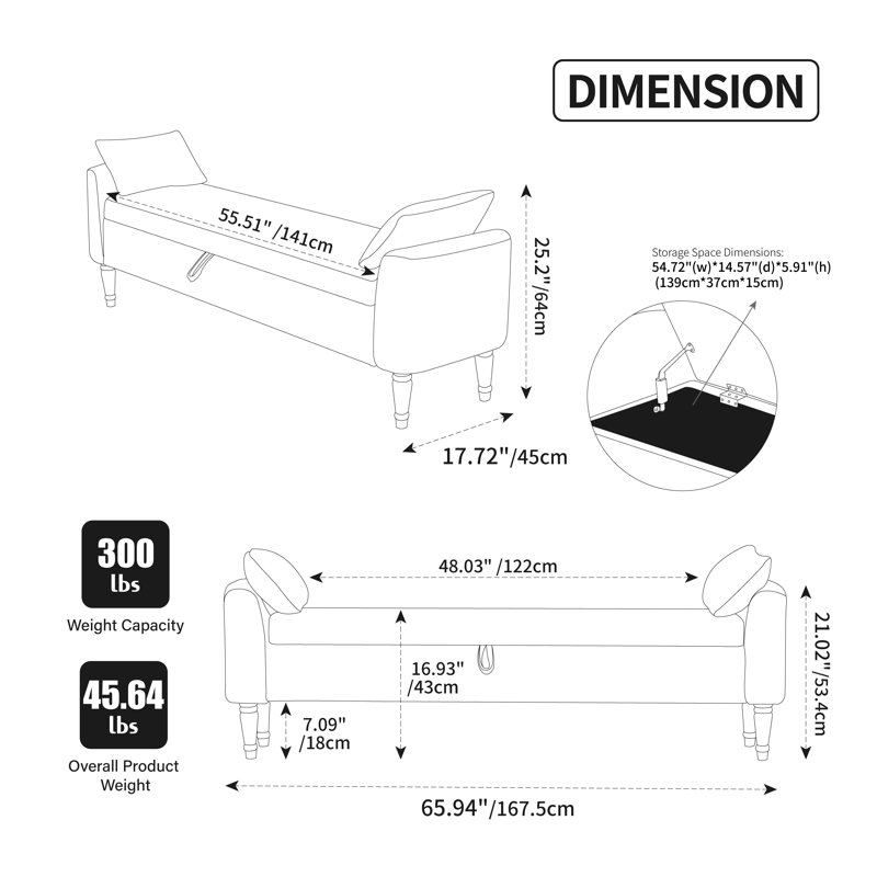 Banc de rangement rembourré 65,94 po avec tissu bouclé et pieds en bois d'hévéa
