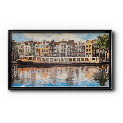 Tableau encadré représentant des maisons colorées des canaux d'Amsterdam - Paysage urbain - Série Paysage CXI, ouverture 24 x 48 cm, cadre noir, dimensions extérieures 27 x 51 cm