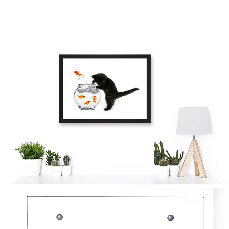 Black Kitten Cat Goldfish Bowl - Single Picture Frame Print