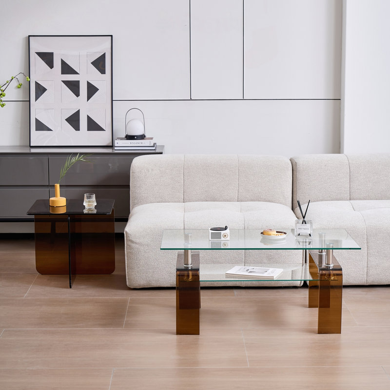 Table basse moderne en verre trempé avec rangement à 2 niveaux, transparente et durable pour le décor du salon, Brun