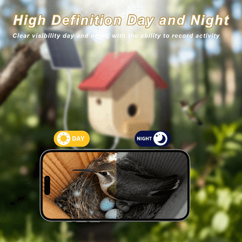Maison de colibri intelligente avec caméra alimentée à l'énergie solaire, nichoir en bois massif pour l'extérieur, diffusion en direct HD de 1 080 p, carte Tf 64 Go incluse, contrôle de l'application Wi-Fi 2,4 g, vision nocturne des oiseaux pour le jardin, nid d'oiseau suspendu pour les colibris