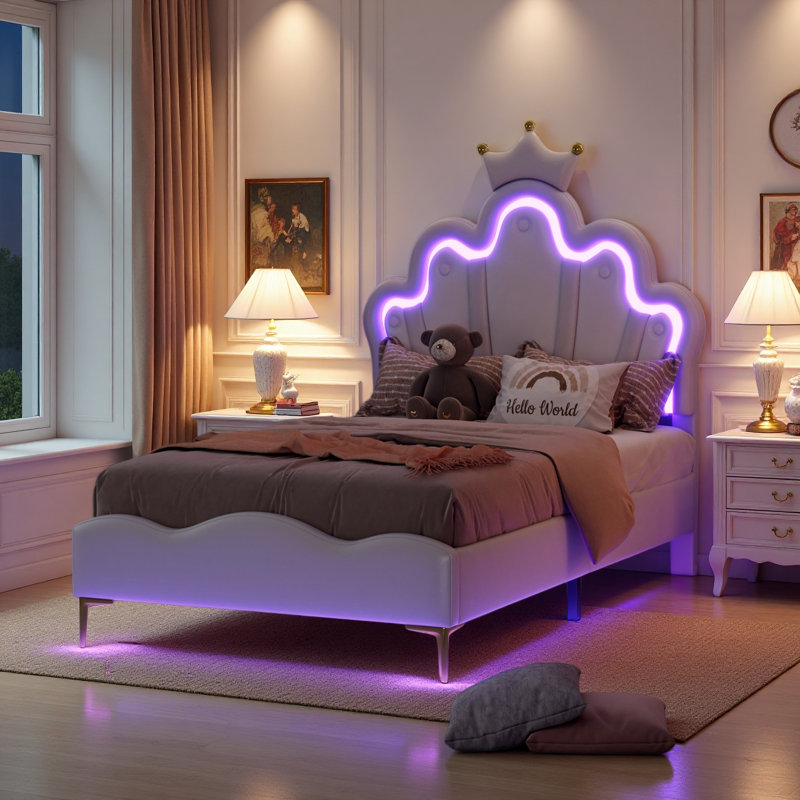 3' Single Upholstered Princess Bed with LED Light, White