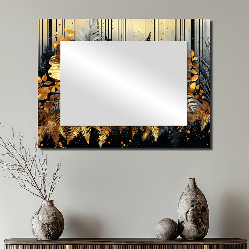 Fougères dorées modernes dans la forêt I - Art mural miroir décoratif floral - imprimé sur métal, 24 po x 32 po