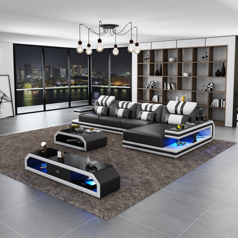 Lightspeed Modular Sectional, Black/White Genuine Leather, Right Hand Facing