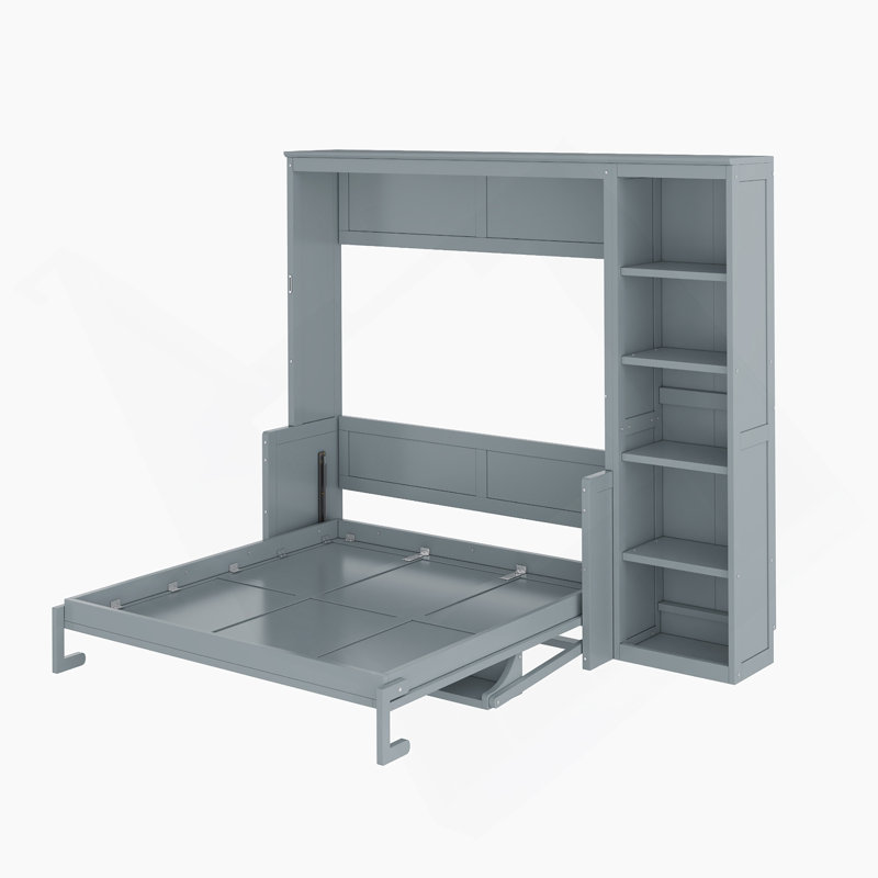 Structure de lit, lit escamotable avec bureau et bibliothèque, Gris, Lit double