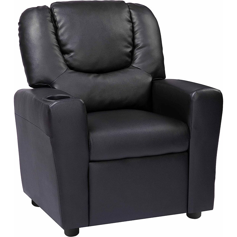 Roomy Kids' Recliner Chair with Cup Holder, Toddler Recliner With Push-Back Design, and Adjustable Footrest, Black PVC