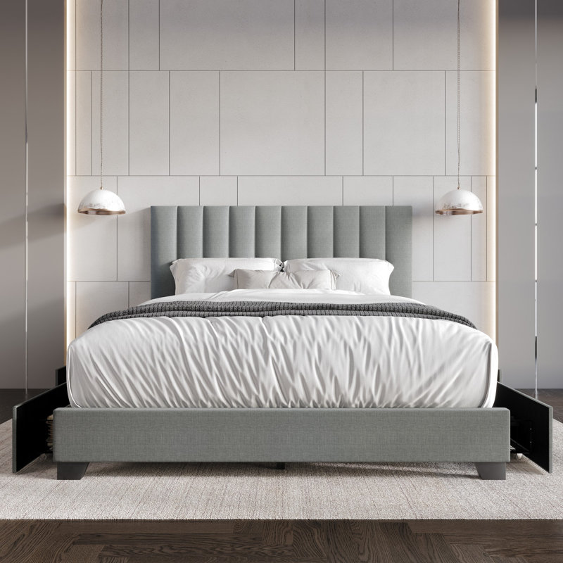 Lit plateforme tapissier avec rangement Kocis, Gris clair, Très grand