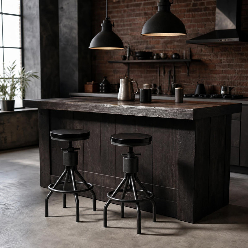 Tabouret de bar pivotant en bois massif à hauteur réglable, Siège brun foncé / structure argentée, 2