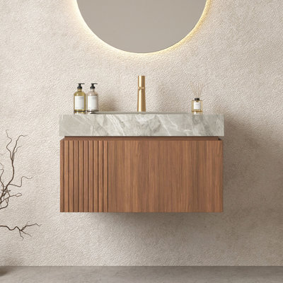 30" Bathroom Vanity&Sink, Floating Plywood Storage Cabinet With Drawer&Door, Sintered Stone Top&Ceramic Basin With 1 Pre-Drilled Faucet Hole, Pre-Assembled