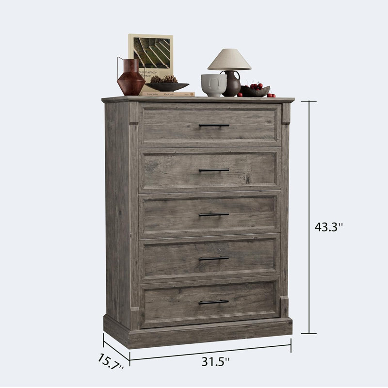 Commode 5 tiroirs pour chambre à coucher, grande commode Farmhouse avec poignées en métal, commode rustique en bois pour le salon, couloir
